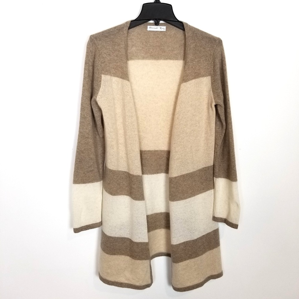 Hannah Rose Women 100% Cashmere Open Front Cardigan Sz S Beige Striped Long Soft